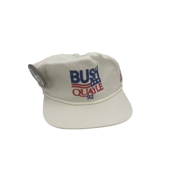 Bush Quayle ’92 Campaign Rope Hat + Button, Appears Signed George H. W. Bush - Picture 1 of 8